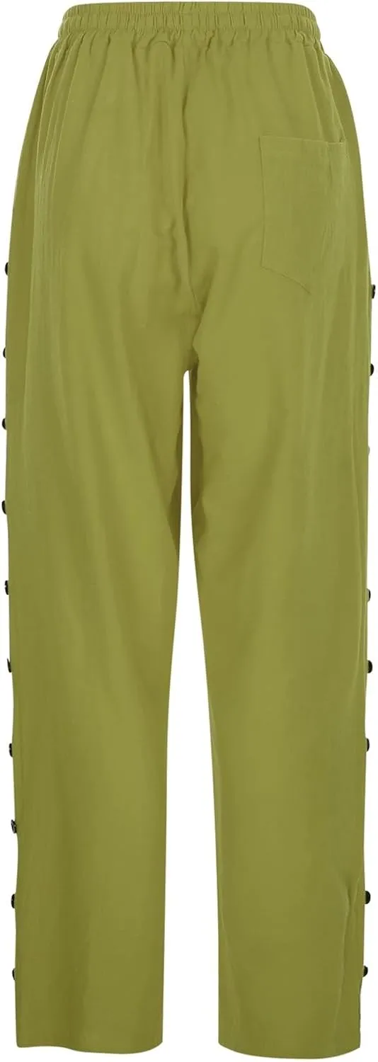 Womens Side Button Linen Pants for Summer Trendy Elastic Waist Straight Leg Loose Casual Cropped Trousers with Pocket