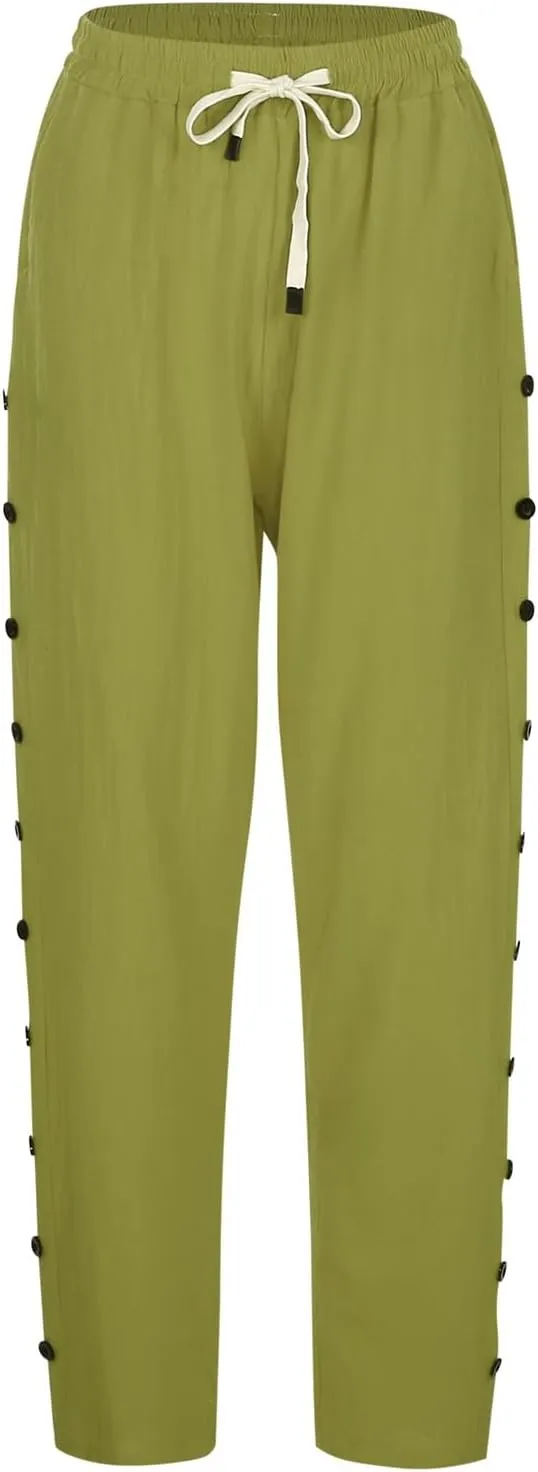 Womens Side Button Linen Pants for Summer Trendy Elastic Waist Straight Leg Loose Casual Cropped Trousers with Pocket