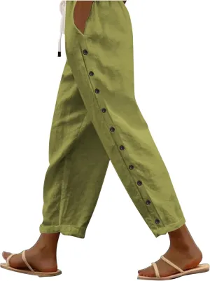 Womens Side Button Linen Pants for Summer Trendy Elastic Waist Straight Leg Loose Casual Cropped Trousers with Pocket