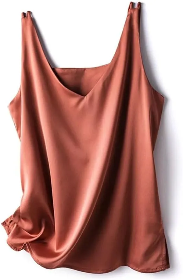Women's Silk Satin Office Double Shoulder Camisole Tank V-Neck Sleeveless Top T-Shirt Elegant Crop Top