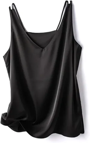 Women's Silk Satin Office Double Shoulder Camisole Tank V-Neck Sleeveless Top T-Shirt Elegant Crop Top