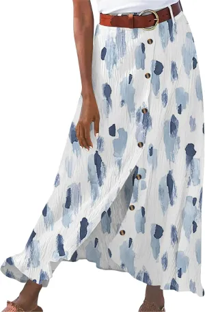 Womens Solid Color Pleated Maxi Skirt Beach Stretch Skirt Casual Vintage Long Skirt with Blet