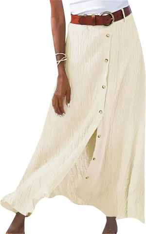 Womens Solid Color Pleated Maxi Skirt Beach Stretch Skirt Casual Vintage Long Skirt with Blet