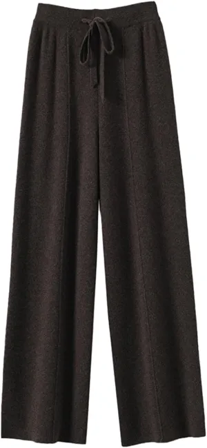 Women's Solid High Waist Knitted Wide Leg Pant Fall Winter Warm Drawstring Elastic Wide Leg Pants