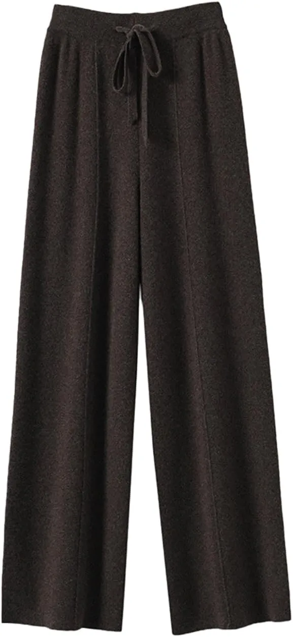 Women's Solid High Waist Knitted Wide Leg Pant Fall Winter Warm Drawstring Elastic Wide Leg Pants