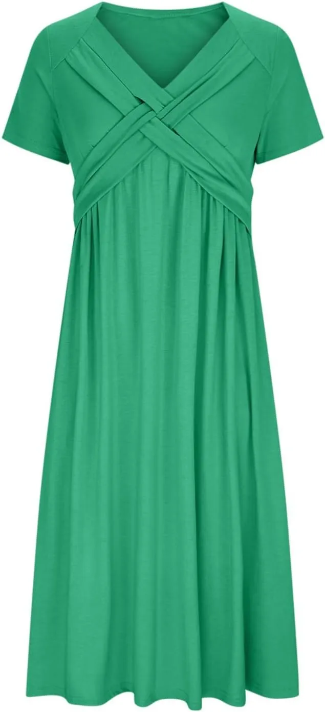 Womens Spring Summer Dresses for Wedding Guest, Casual Plus Size Cross Short Sleeve Tiered Maxi Dress with Pockets