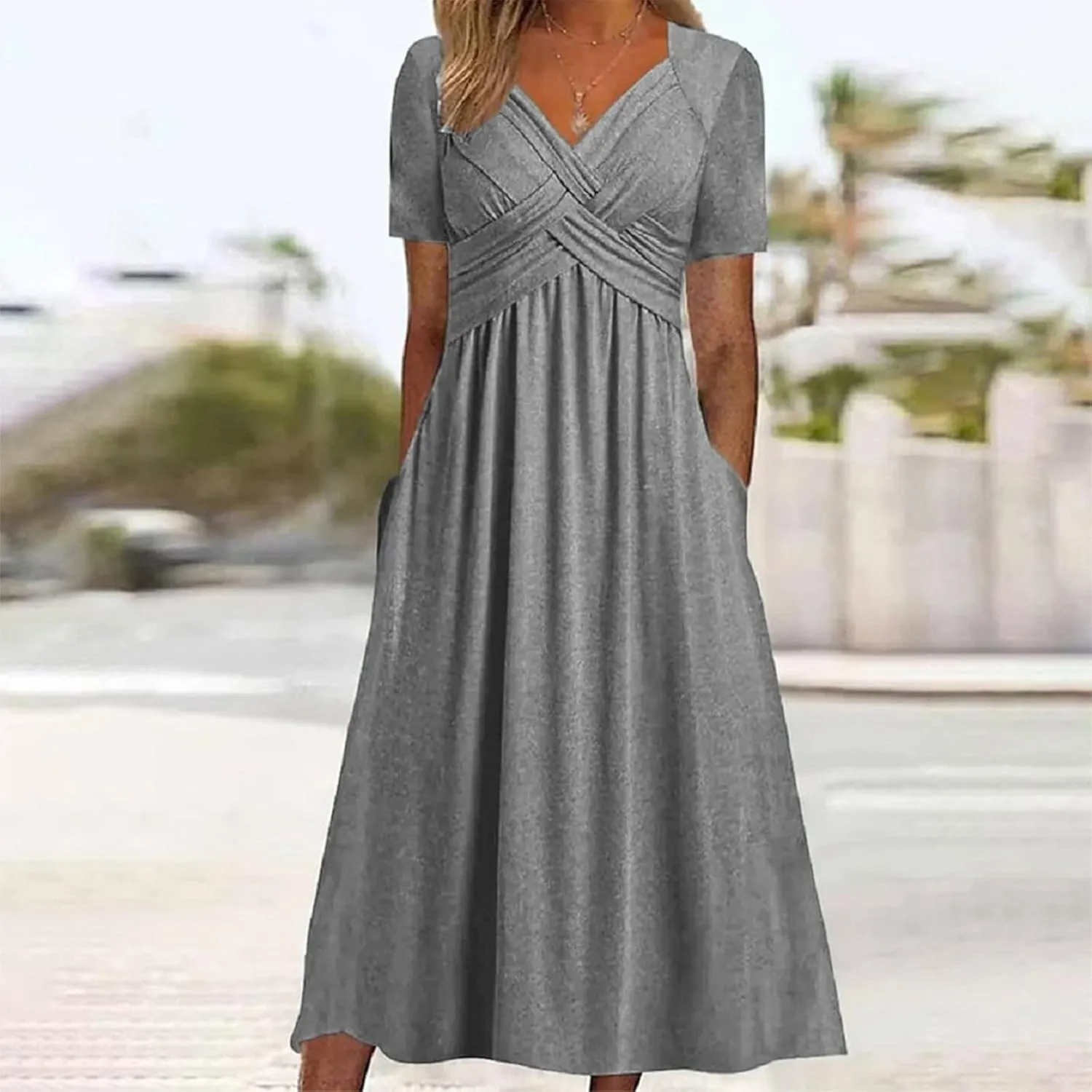 Womens Spring Summer Dresses for Wedding Guest, Casual Plus Size Cross Short Sleeve Tiered Maxi Dress with Pockets