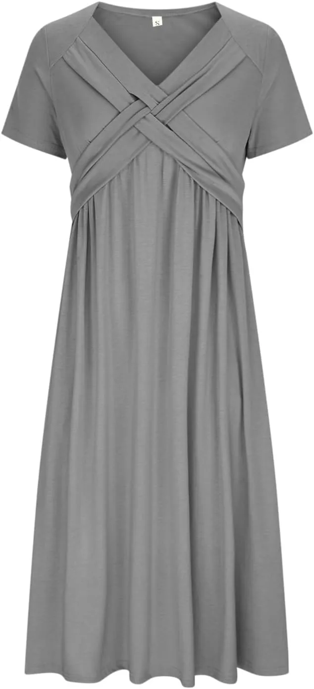 Womens Spring Summer Dresses for Wedding Guest, Casual Plus Size Cross Short Sleeve Tiered Maxi Dress with Pockets