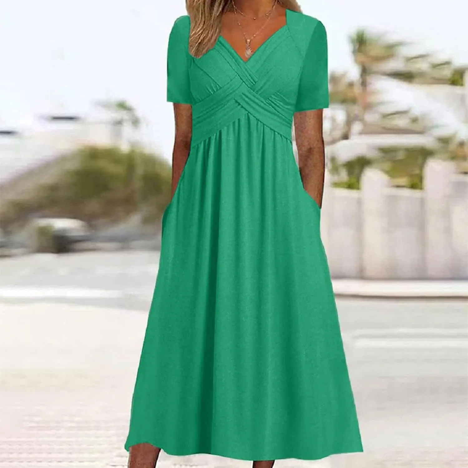 Womens Spring Summer Dresses for Wedding Guest, Casual Plus Size Cross Short Sleeve Tiered Maxi Dress with Pockets