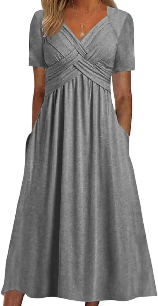 Womens Spring Summer Dresses for Wedding Guest, Casual Plus Size Cross Short Sleeve Tiered Maxi Dress with Pockets