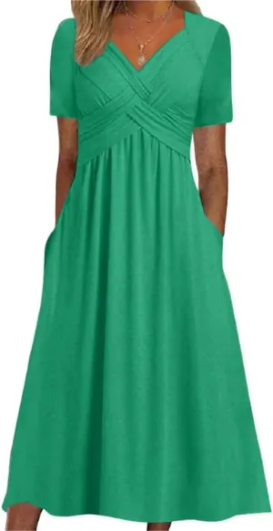 Womens Spring Summer Dresses for Wedding Guest, Casual Plus Size Cross Short Sleeve Tiered Maxi Dress with Pockets
