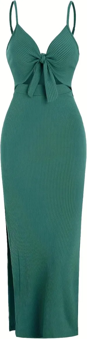 Women's Spring Summer Knit Simple Sleeveless Suspender Dress in Leaking Back Sexy Long Skirt