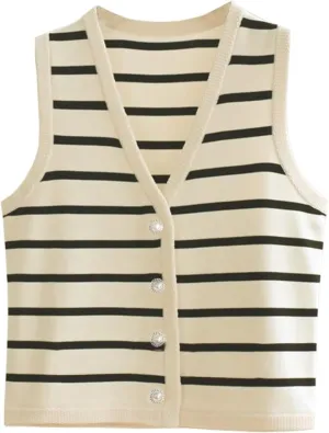 Womens Striped Knit Vest Dressy Sweater Trendy Sweater Sleeveless Button Down Tank Tops Summer