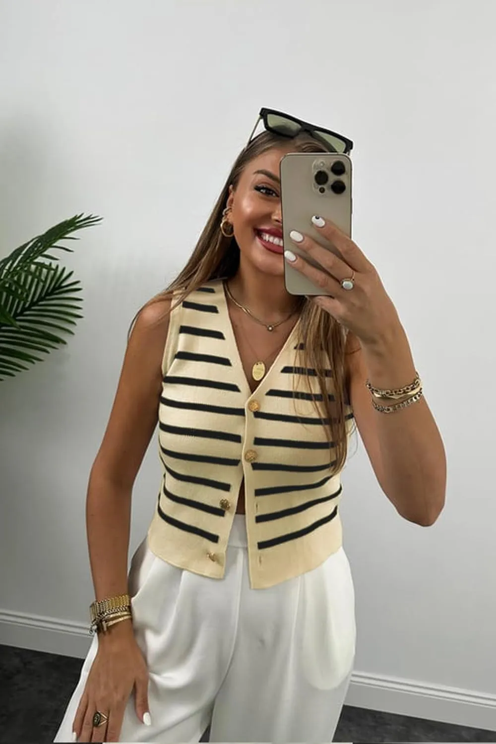 Womens Striped Knit Vest Dressy Sweater Trendy Sweater Sleeveless Button Down Tank Tops Summer