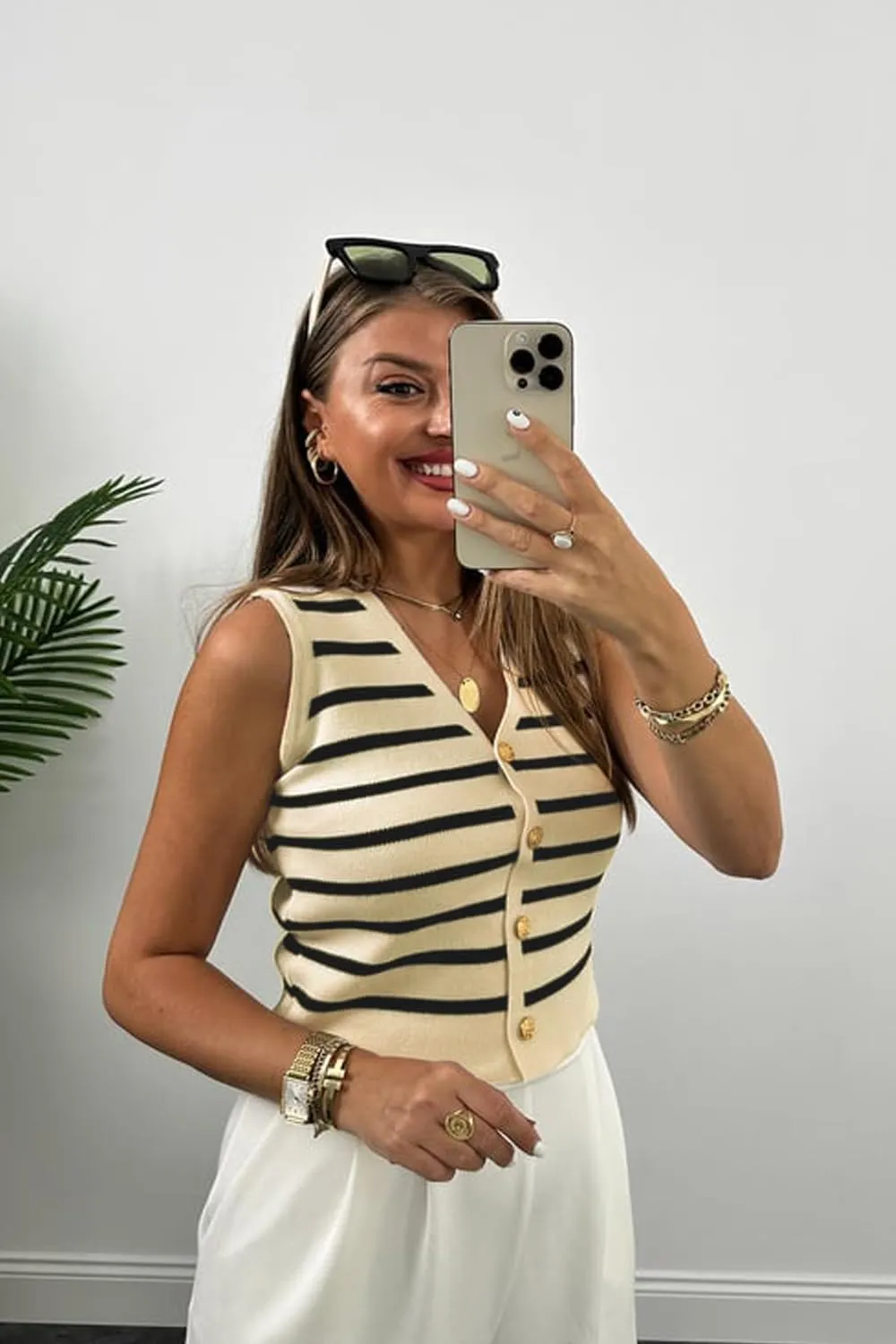 Womens Striped Knit Vest Dressy Sweater Trendy Sweater Sleeveless Button Down Tank Tops Summer
