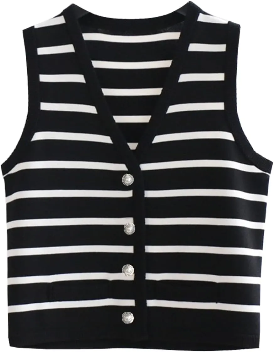 Womens Striped Knit Vest Dressy Sweater Trendy Sweater Sleeveless Button Down Tank Tops Summer