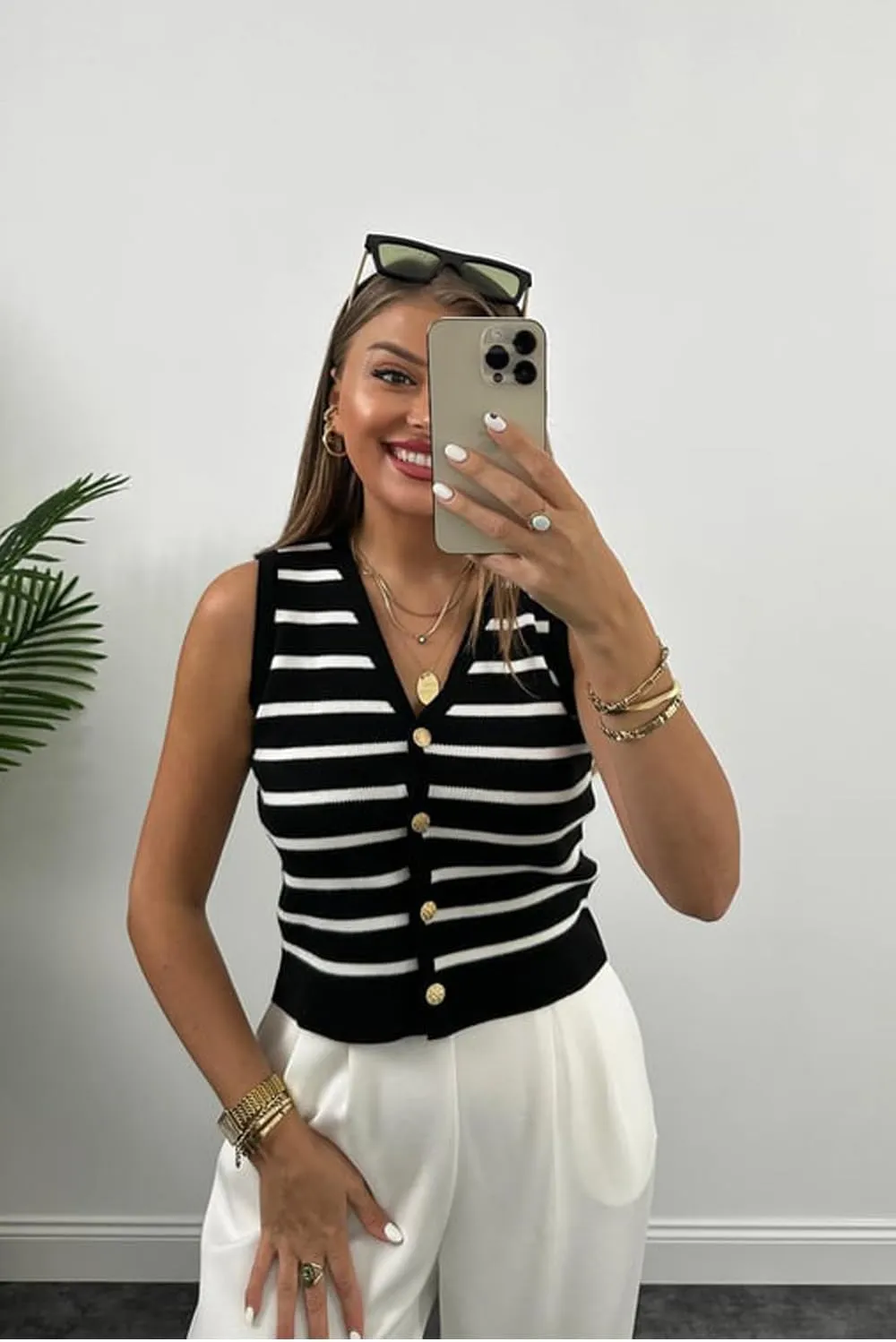Womens Striped Knit Vest Dressy Sweater Trendy Sweater Sleeveless Button Down Tank Tops Summer