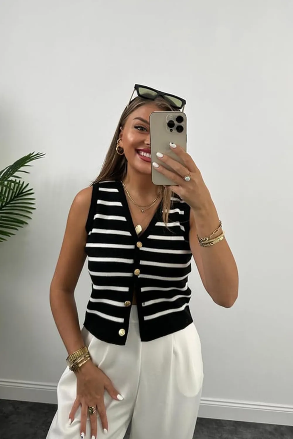 Womens Striped Knit Vest Dressy Sweater Trendy Sweater Sleeveless Button Down Tank Tops Summer