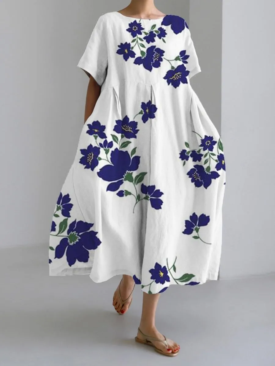 Women's Summer Boho Colorful Floral Short Sleeve Maxi Dress Flowy Casual Loose Beach Vacation Dress with Pockets