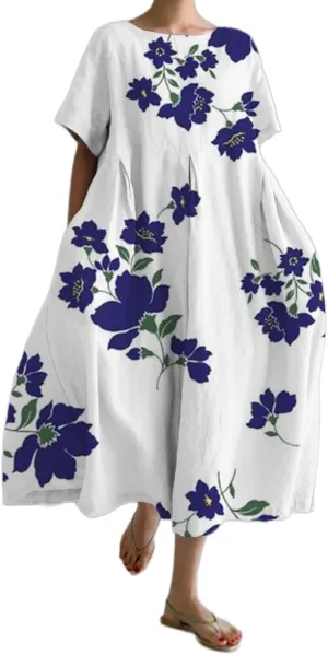 Women's Summer Boho Colorful Floral Short Sleeve Maxi Dress Flowy Casual Loose Beach Vacation Dress with Pockets