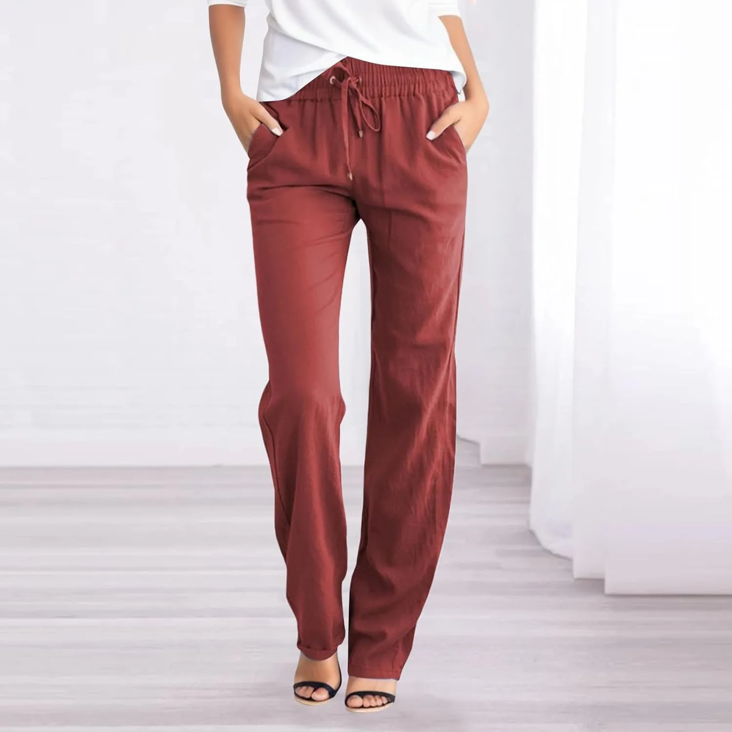 Women's Summer Casual Linen Pants Elastic Waist Drawstring Solid Lounge Trousers Soft Lightweight Straight Leg Pants
