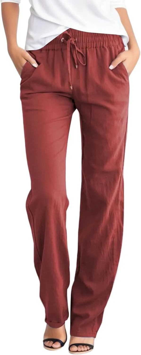 Women's Summer Casual Linen Pants Elastic Waist Drawstring Solid Lounge Trousers Soft Lightweight Straight Leg Pants