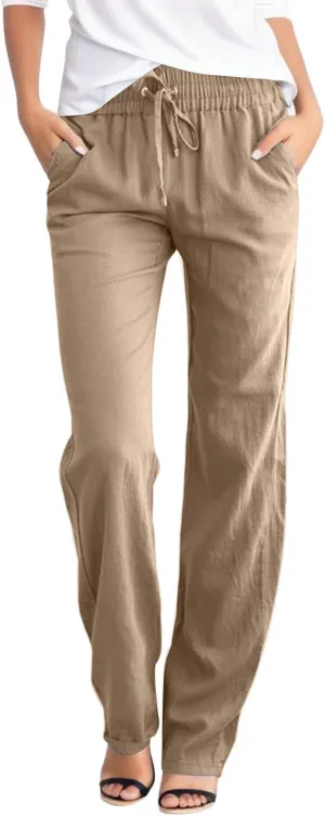Women's Summer Casual Linen Pants Elastic Waist Drawstring Solid Lounge Trousers Soft Lightweight Straight Leg Pants