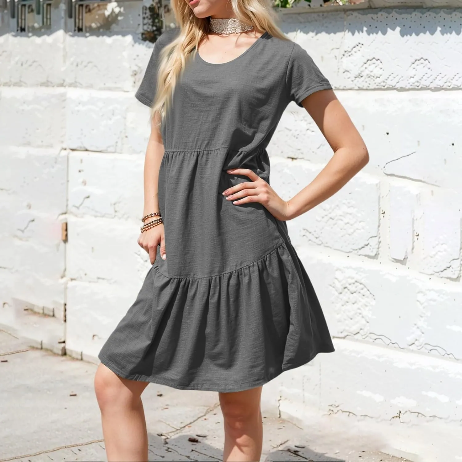Women's Summer Casual Short Sleeve Loose Dress with Pockets Flowy Tunic Swing Dress for Beach Vacation
