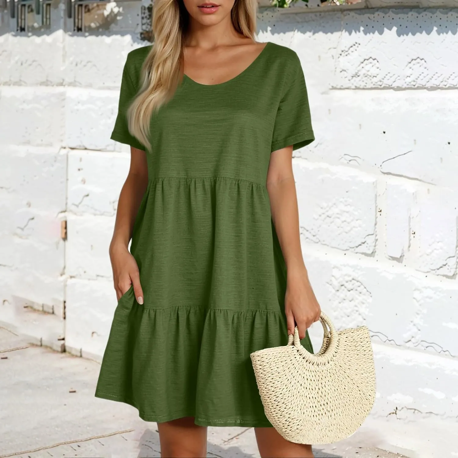 Women's Summer Casual Short Sleeve Loose Dress with Pockets Flowy Tunic Swing Dress for Beach Vacation