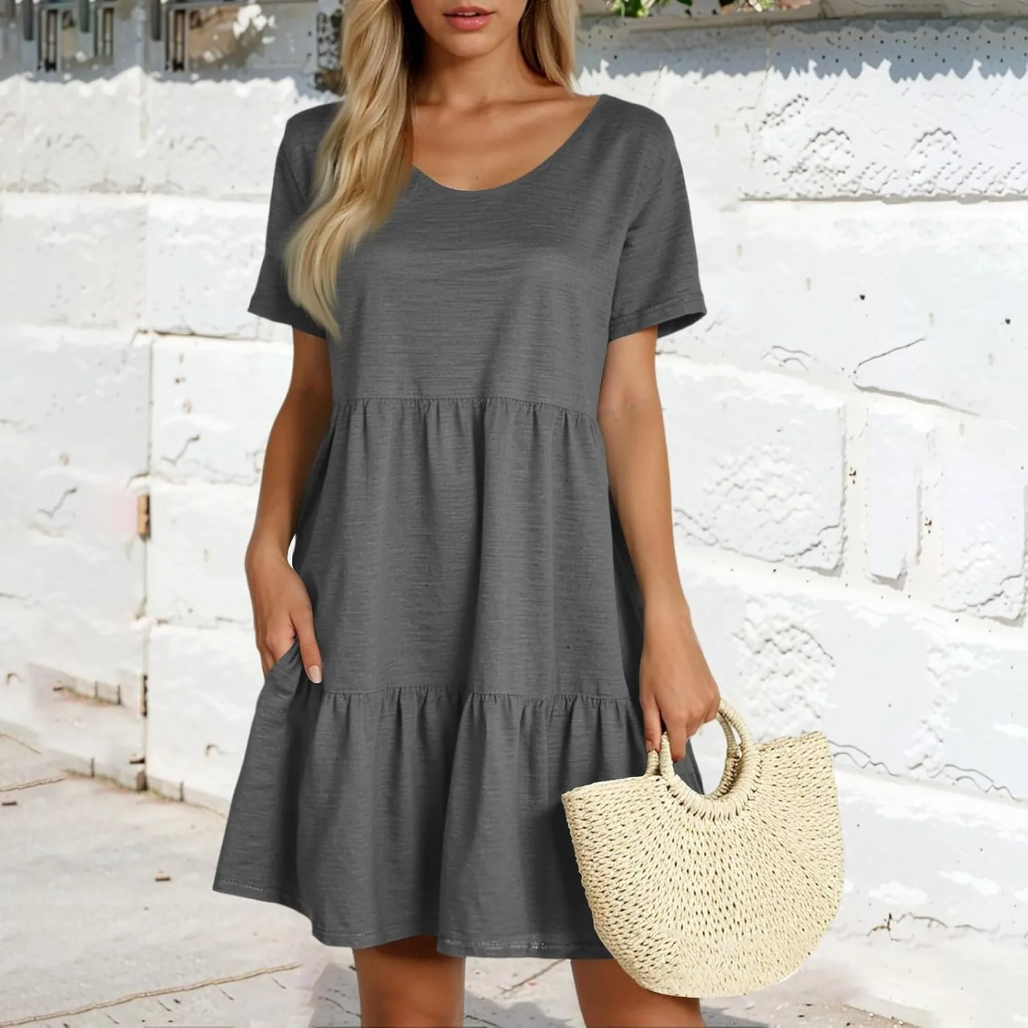 Women's Summer Casual Short Sleeve Loose Dress with Pockets Flowy Tunic Swing Dress for Beach Vacation