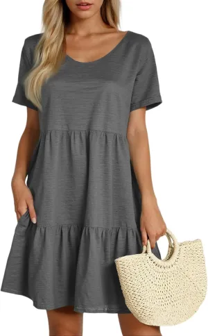 Women's Summer Casual Short Sleeve Loose Dress with Pockets Flowy Tunic Swing Dress for Beach Vacation