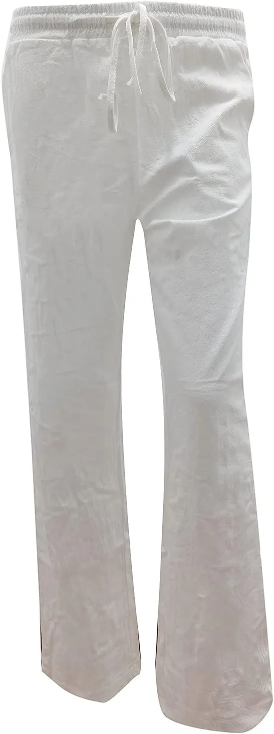 Womens Summer Cotton Linen Drawstring Trousers Solid Elastic Waist Wide Leg Pants Work Golf Pants Relax Fit Sweatpants