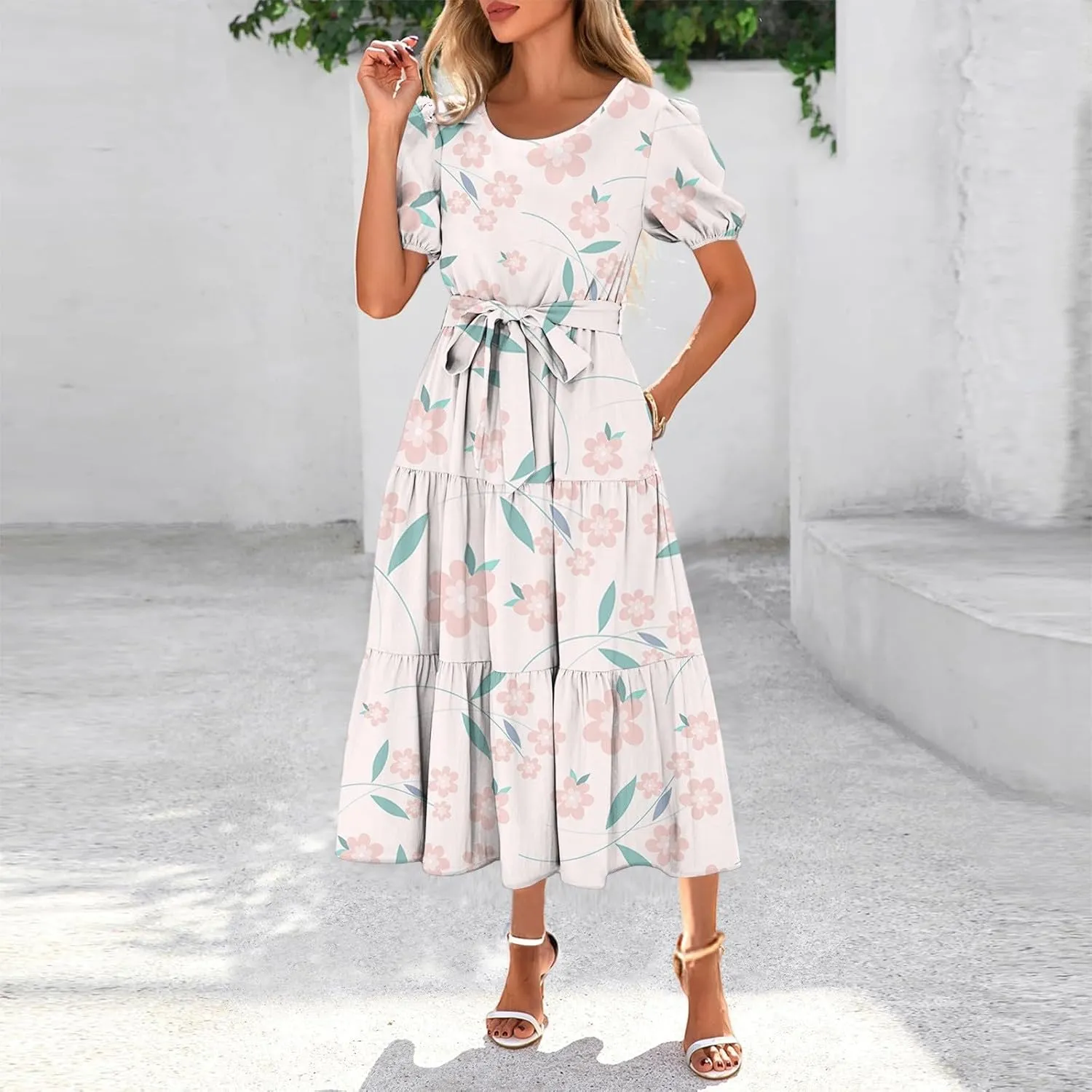 Women's Summer Floral Midi Dress with Puff Sleeves and Waist Tie Elegant Casual Flowy Dress