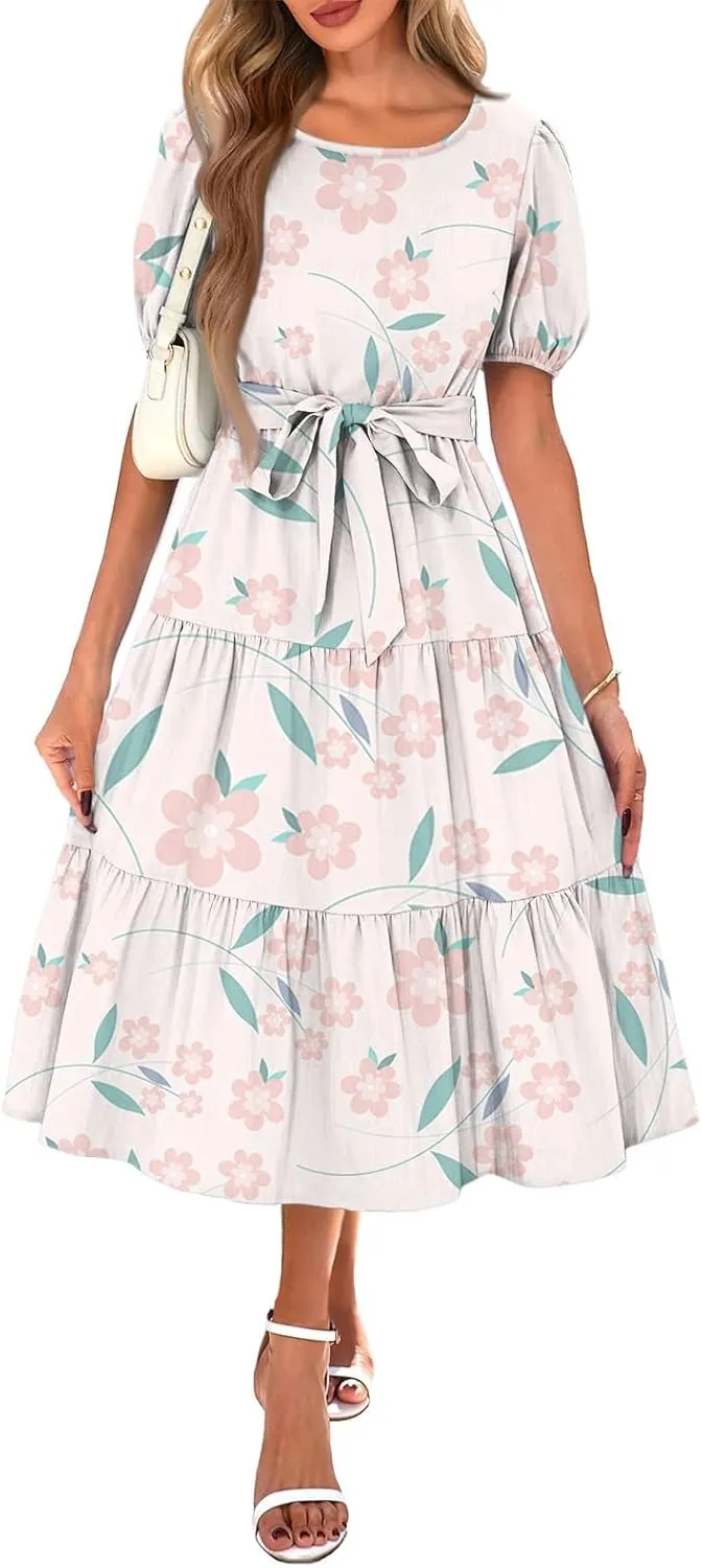 Women's Summer Floral Midi Dress with Puff Sleeves and Waist Tie Elegant Casual Flowy Dress