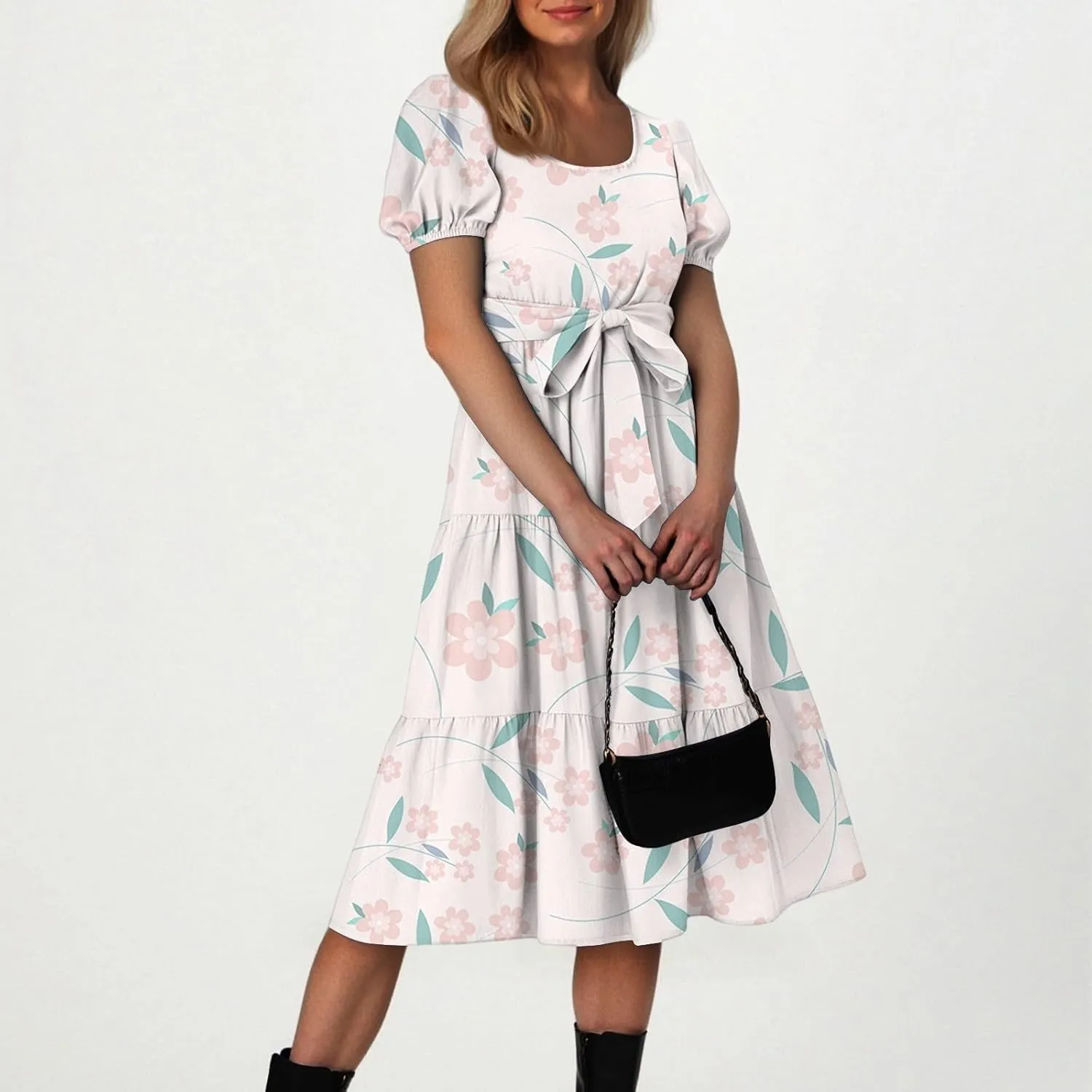 Women's Summer Floral Midi Dress with Puff Sleeves and Waist Tie Elegant Casual Flowy Dress