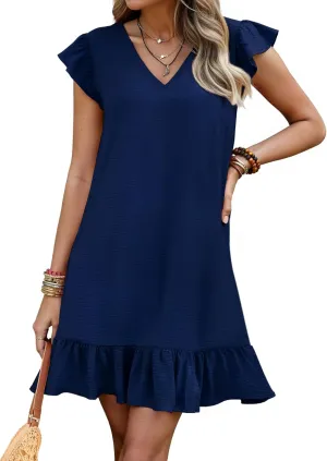 Women's Summer Mini Dress Flutter Sleeve V Neck Casual Loose Swimsuit Cover Up Flowy Ruffle Beach Vacation Sundresses