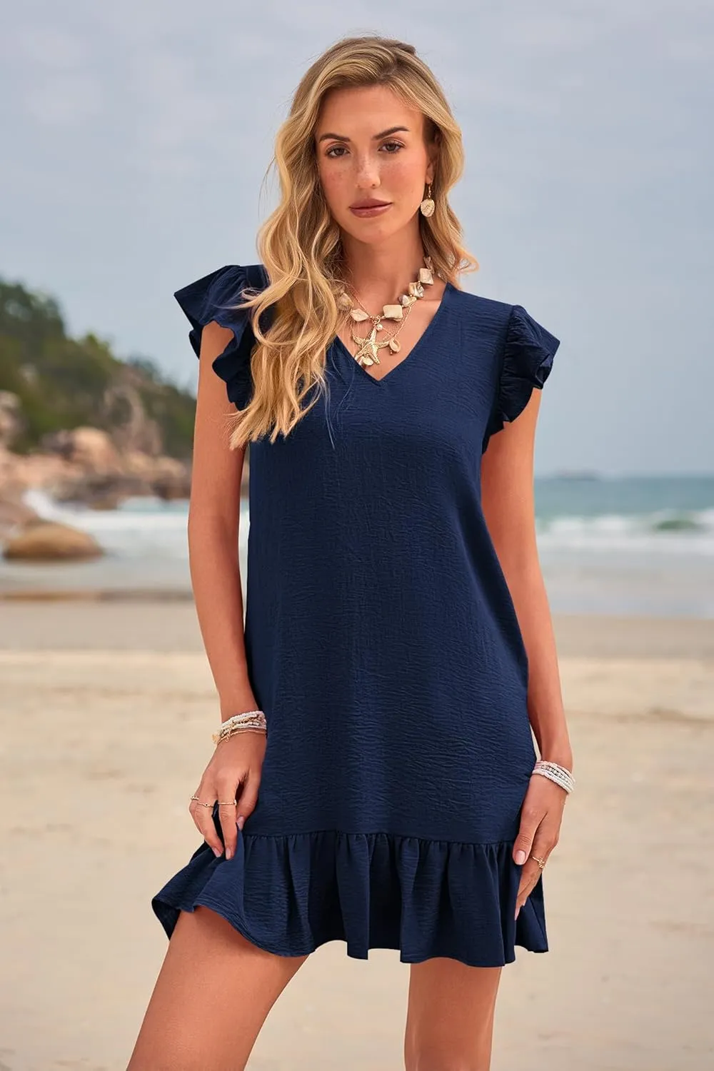Women's Summer Mini Dress Flutter Sleeve V Neck Casual Loose Swimsuit Cover Up Flowy Ruffle Beach Vacation Sundresses
