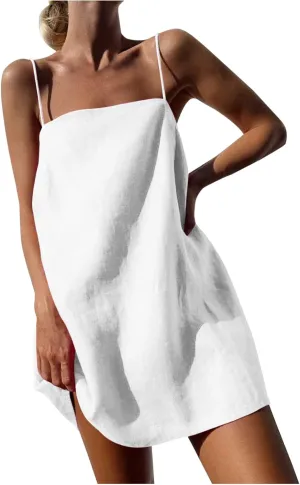 Womens Summer Sleeveless Mini Dress Cotton Linen Spaghetti Strap Sundress Square Neck Solid Beach Camisole Dress