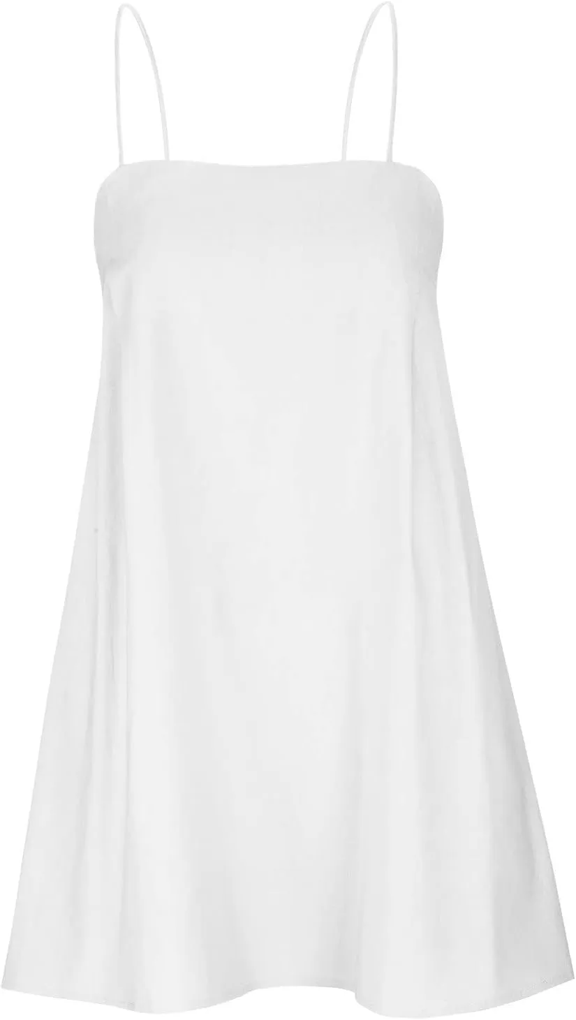 Womens Summer Sleeveless Mini Dress Cotton Linen Spaghetti Strap Sundress Square Neck Solid Beach Camisole Dress