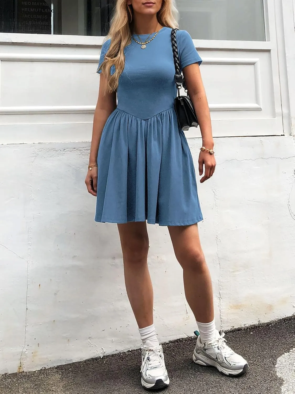 Womens Summer T Shirt Dress Short Sleeve Casual Mini Dresses Drop Waist Swing A Line Dress with Pockets