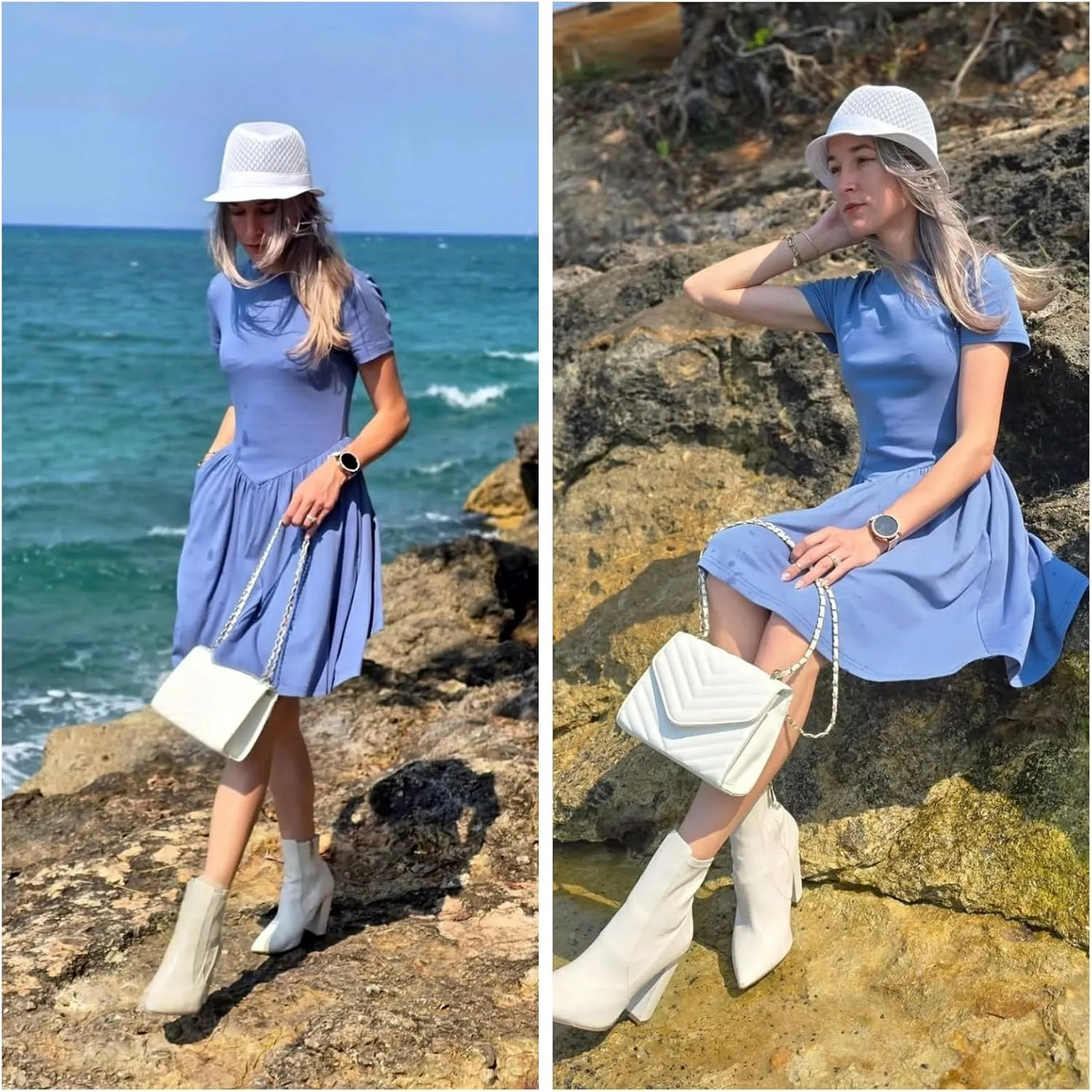 Womens Summer T Shirt Dress Short Sleeve Casual Mini Dresses Drop Waist Swing A Line Dress with Pockets