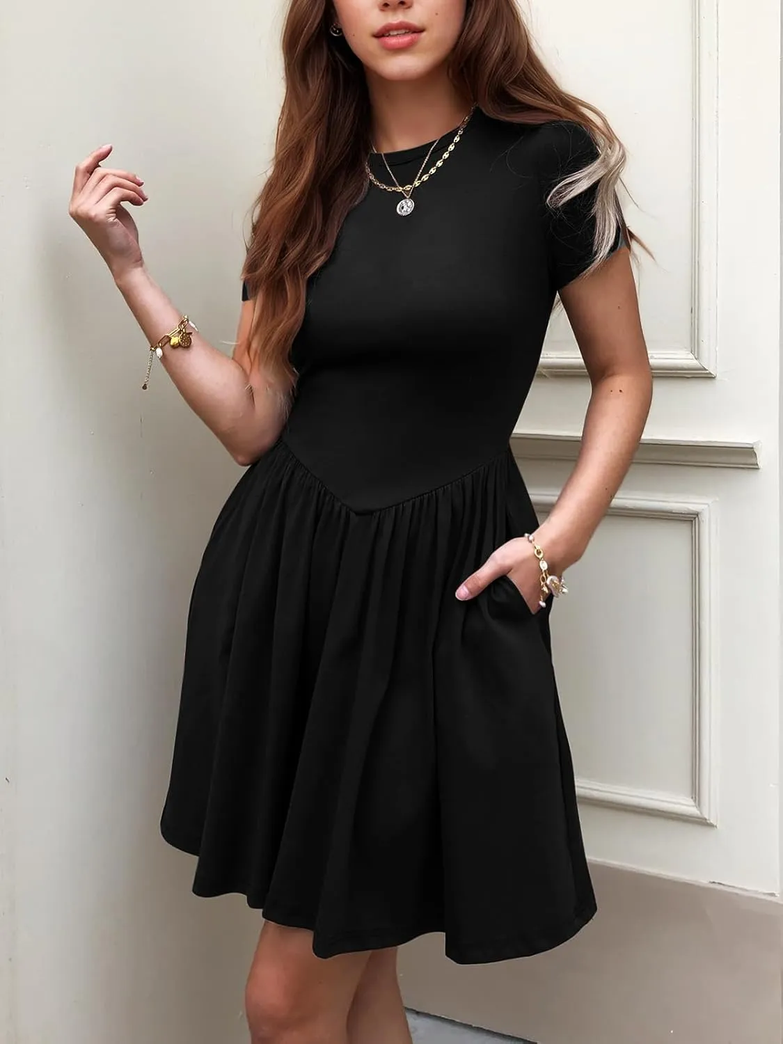 Womens Summer T Shirt Dress Short Sleeve Casual Mini Dresses Drop Waist Swing A Line Dress with Pockets