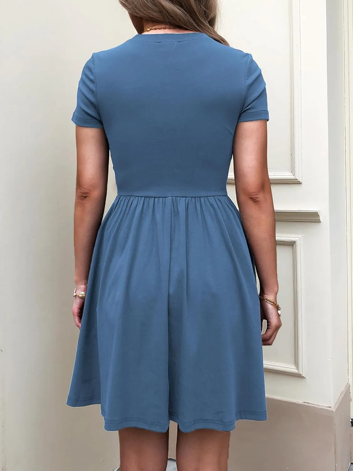 Womens Summer T Shirt Dress Short Sleeve Casual Mini Dresses Drop Waist Swing A Line Dress with Pockets