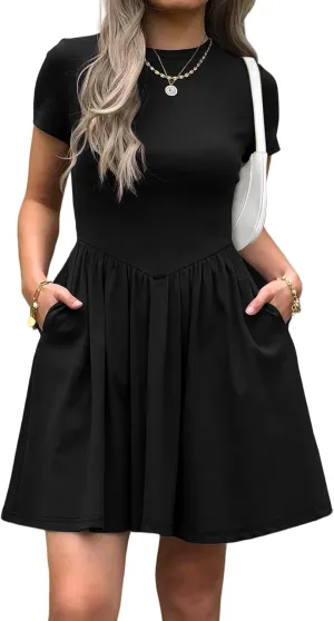 Womens Summer T Shirt Dress Short Sleeve Casual Mini Dresses Drop Waist Swing A Line Dress with Pockets