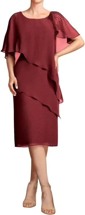 Women's Tea Length Chiffon Mother of The Bride Dresses Beaded Formal Evening Gowns for Wedding