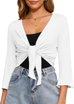 Womens Tie Front Shrug 3/4 Sleeve Bolero Cardigan Sheer Shrug Sweater Knotted Casual Lightweight Short Shawl Tops