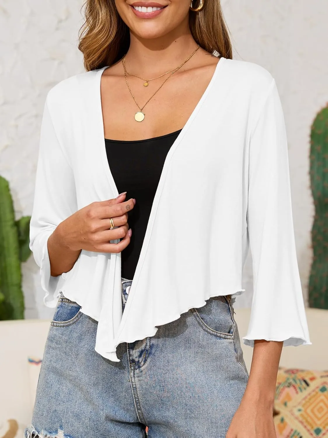 Womens Tie Front Shrug 3/4 Sleeve Bolero Cardigan Sheer Shrug Sweater Knotted Casual Lightweight Short Shawl Tops
