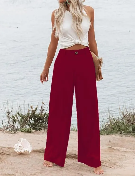 Women's Wide Leg Casual Long Pants High Elastic Waisted in The Back Business Offices Trousers Straight Pants with Pocket