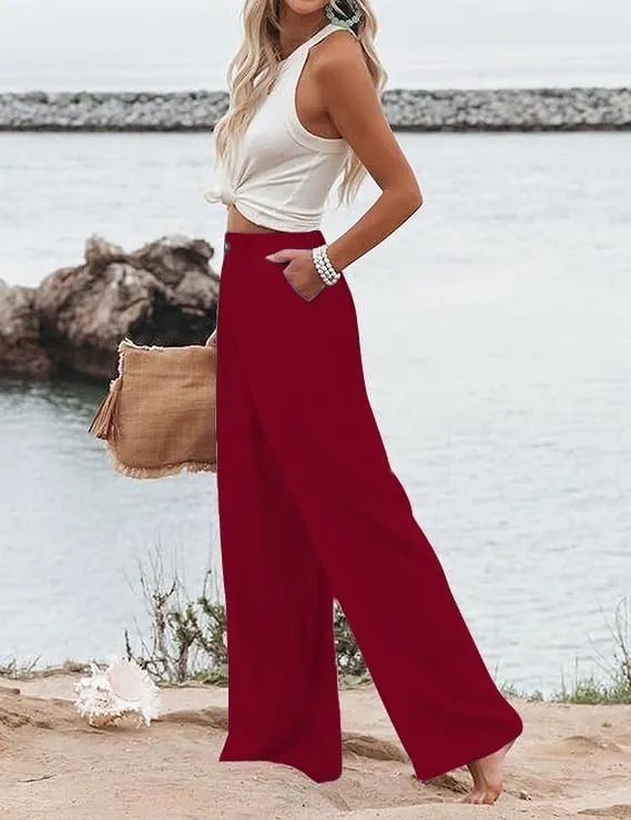 Women's Wide Leg Casual Long Pants High Elastic Waisted in The Back Business Offices Trousers Straight Pants with Pocket