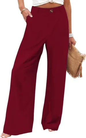 Women's Wide Leg Casual Long Pants High Elastic Waisted in The Back Business Offices Trousers Straight Pants with Pocket